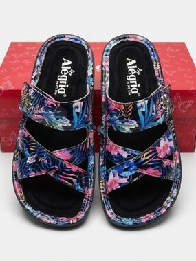 Alegria Tropical Floral Slide Sandals in Black, Pink, Blue Size 7 Comfort